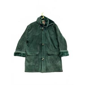 Vtg Wilson's Dark Green Suede/Faux Fur Long Jacket Full Zip Under Toggle Size L